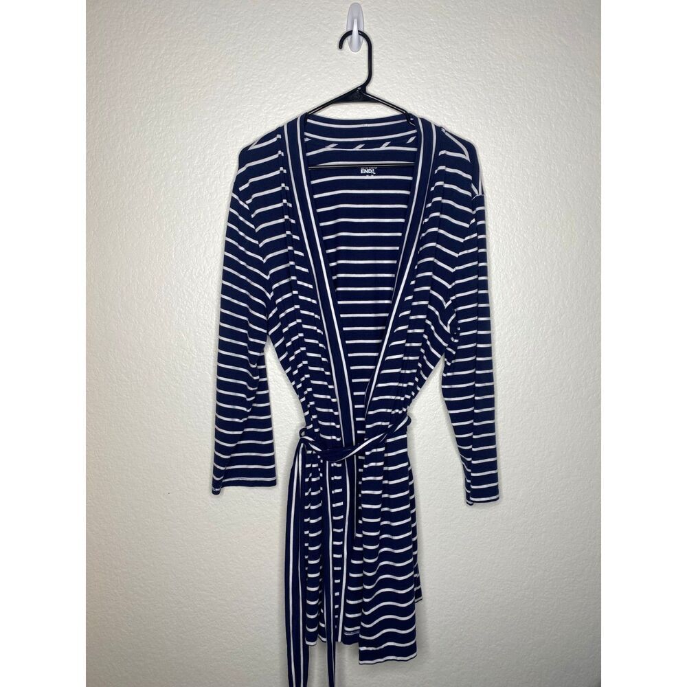 Lands End womens navy striped robe 1x - 2x jersey cotton sleep short long sleeve
